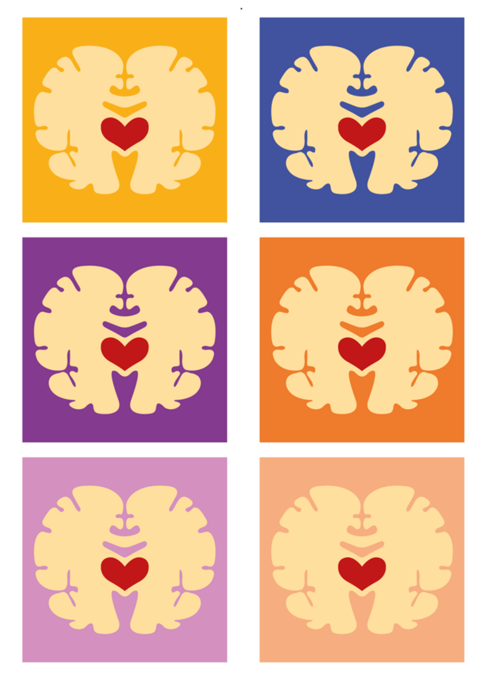 6 Colourful brains with a shape of  heart inside each of them